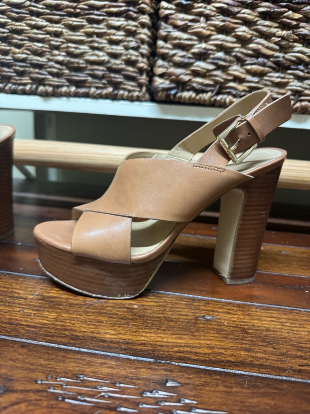 Michael Kors Women’s Tan Platform Slingback Sandals with Stacked Heel